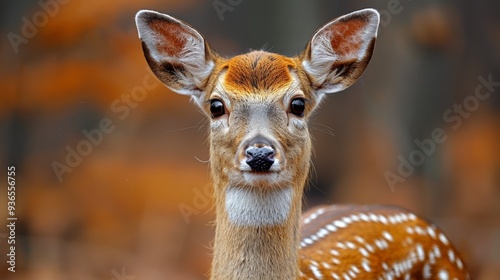 A young deer stands gracefully in a forest with autumn leaves, showcasing its delicate features and curious expression during a bright afternoon in nature