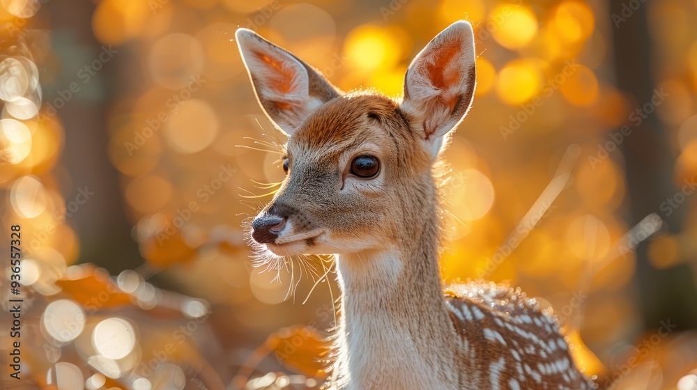 A young fawn stands among golden autumn leaves, bathed in soft sunlight during a serene afternoon in the forest A young fawn stands among golden autumn leaves, bathed in soft sunlight during a serene afternoon in the forest