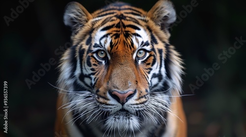 Close-up of a majestic tiger displaying its striking features and intense gaze in a natural habitat during the early morning light showcasing its beauty and power