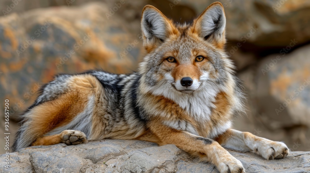 Fototapeta premium A majestic coyote resting on a rocky surface in its natural habitat, showcasing distinct fur patterns and keen expression during the golden hour