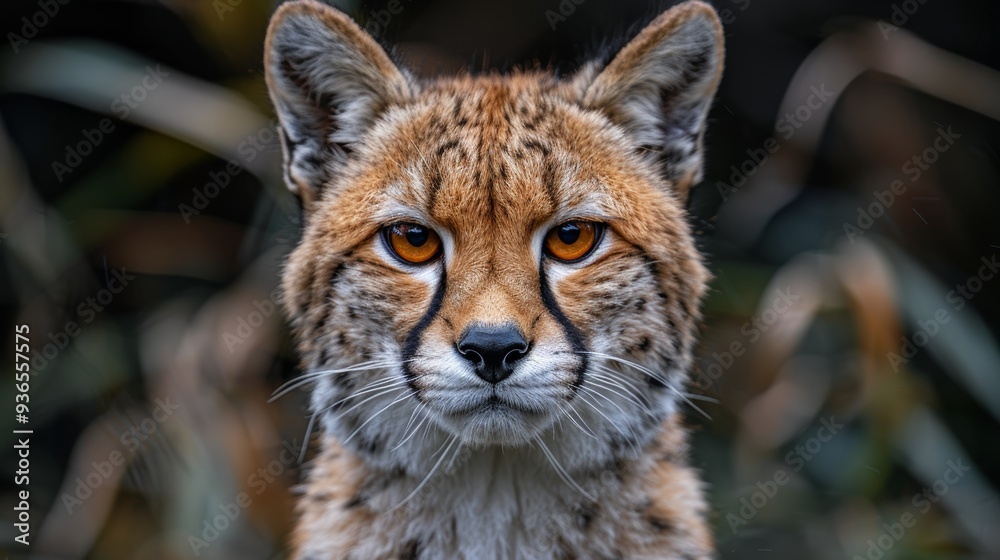 Fototapeta premium A close-up of a lynx with striking amber eyes, displaying its distinct fur pattern and alert expression in a natural habitat during the early evening light