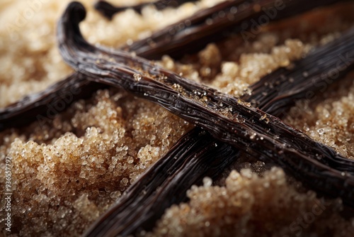 Vanilla Sugar Aroma: Closeup of Brown Sugar with Vanilla Beans for Baking and Culinary Delights photo