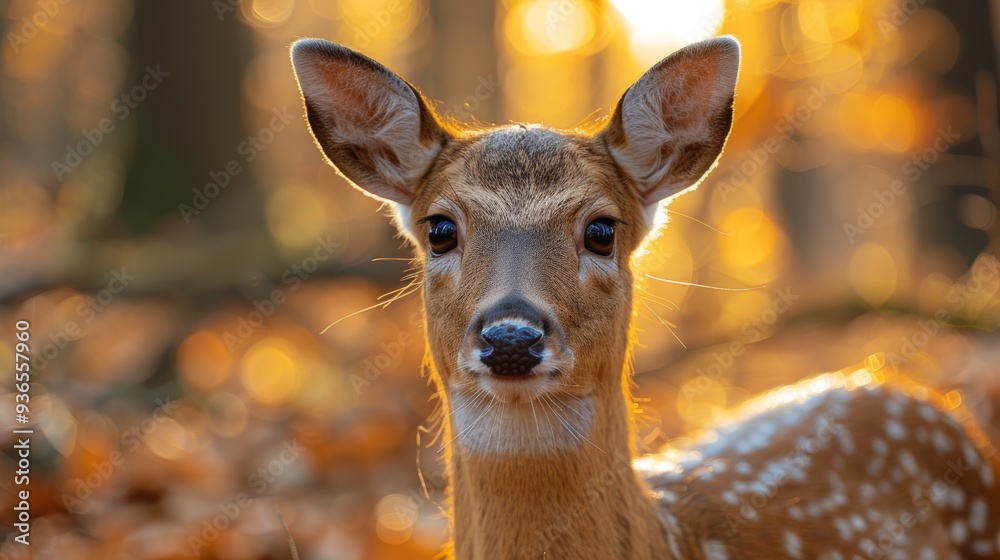 A young deer stands gracefully in a sunlit forest surrounded by autumn foliage during the golden hour, showcasing its gentle demeanor and spotted coat A young deer stands gracefully in a sunlit forest surrounded by autumn foliage during the golden hour, showcasing its gentle demeanor and spotted coat