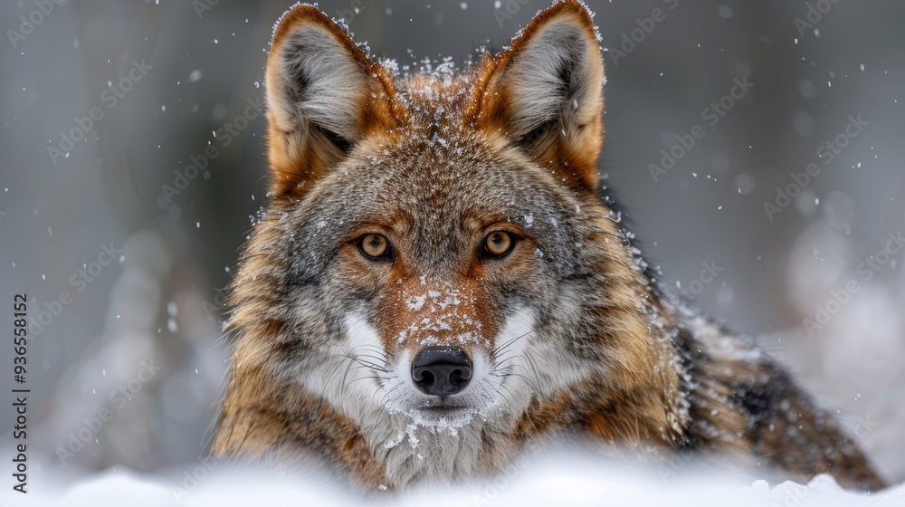 Obraz premium A coyote rests in the snow while surrounded by a wintery landscape, showcasing its striking features and alert expression during a serene, snowy afternoon