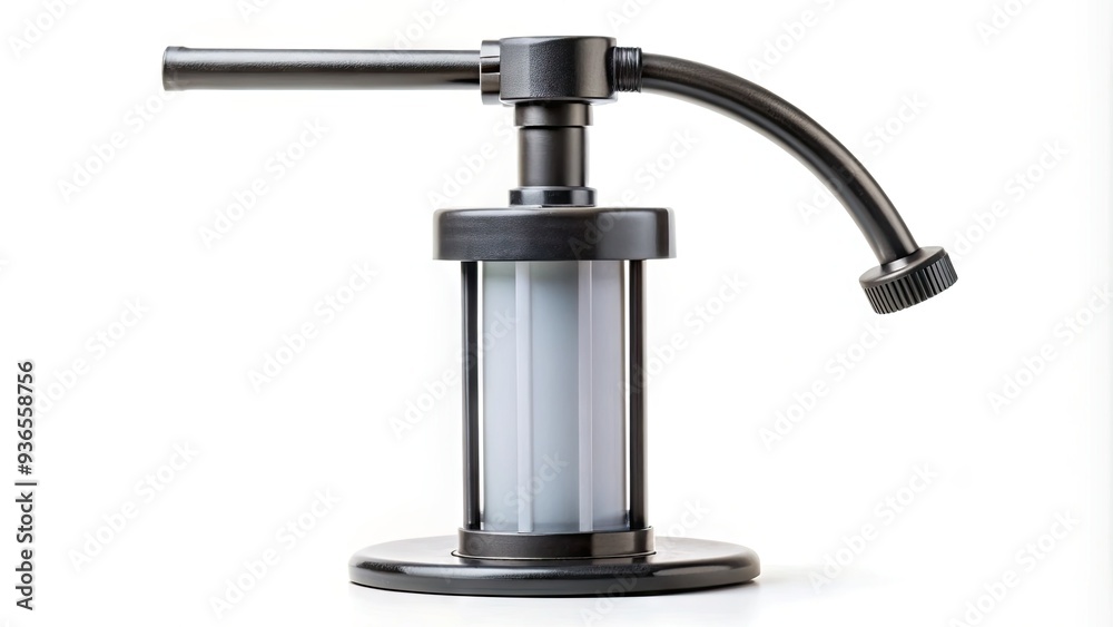Isolated on a crisp white background, a single modern plastic hand pump stands out in high-definition macro detail, showcasing its textured surface and functional design. Isolated on a crisp white background, a single modern plastic hand pump stands out in high-definition macro detail, showcasing its textured surface and functional design.