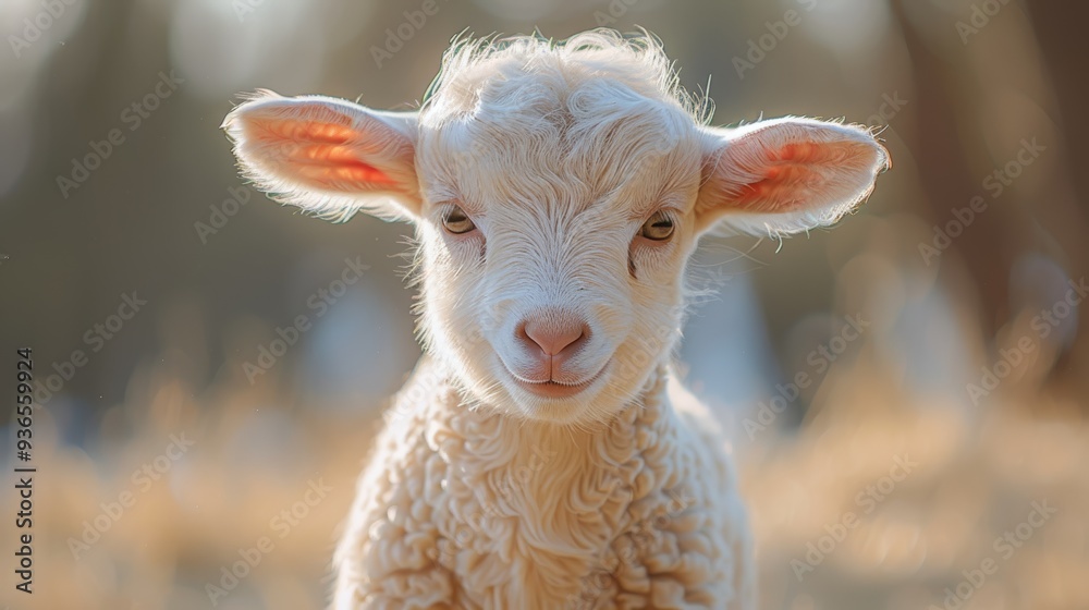 Obraz premium A curious lamb stands in a sunlit field during spring, showcasing its fluffy coat and playful expression amidst nature