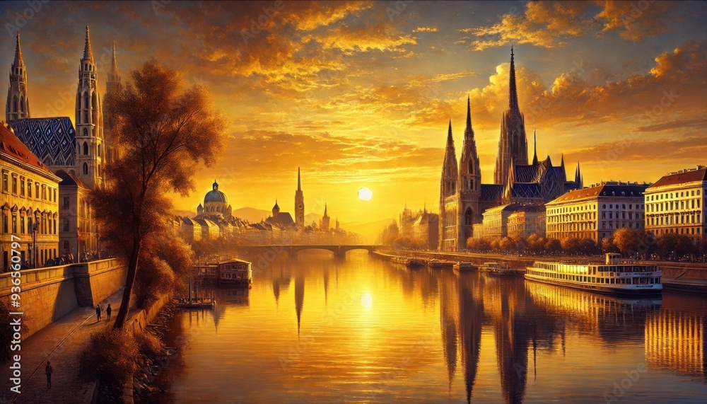 Obraz premium A sunset over Danube River in Vienna, water reflecting Stephenson spire and skyline.jpeg