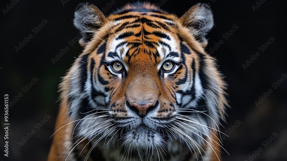A close-up view of a tiger displaying its striking orange and black stripes while showing intense focus, captured in a natural habitat during the early hours of the morning A close-up view of a tiger displaying its striking orange and black stripes while showing intense focus, captured in a natural habitat during the early hours of the morning