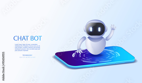Chatbot virtual assistant with phone vector illustration. Digital chat bot, robot application, conversation and communication concept. Chatting artificial intelligence developed by tech company.
