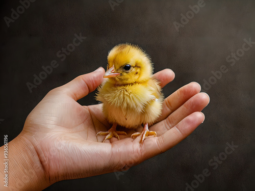 Small chick in the palm of a woman's hand. photo