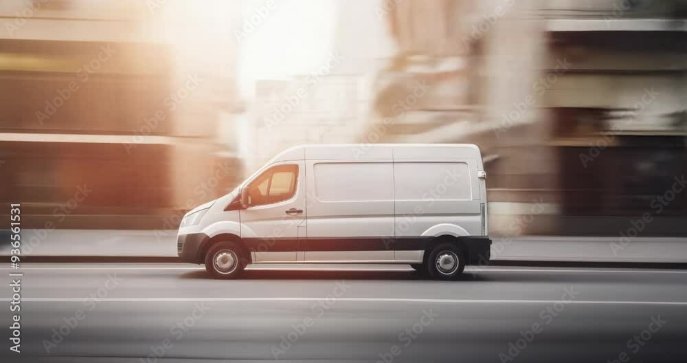 white delivery van, minivan truck courier automobile driving moving in fast motion on urban city street road, side view center of background, seamless loop looping