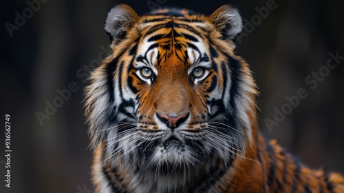 Majestic tiger with striking fur and piercing eyes roaming in a lush habitat during dawn, showcasing its natural beauty and strength amidst the wilderness photo