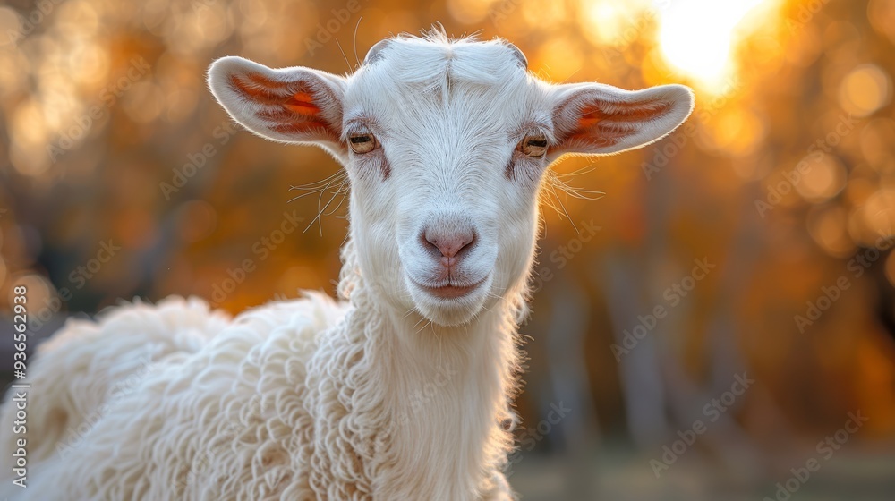 Obraz premium A friendly goat smiling in a field during golden hour, surrounded by autumn foliage with gentle sunlight creating a warm atmosphere