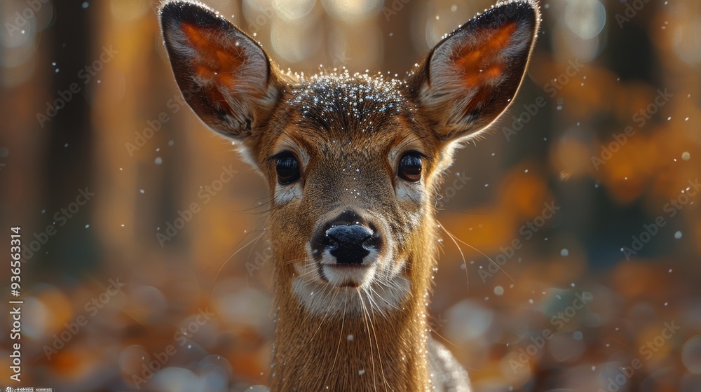 A young deer stands in a forest during autumn, surrounded by fallen leaves and lightly falling snow on a tranquil afternoon A young deer stands in a forest during autumn, surrounded by fallen leaves and lightly falling snow on a tranquil afternoon