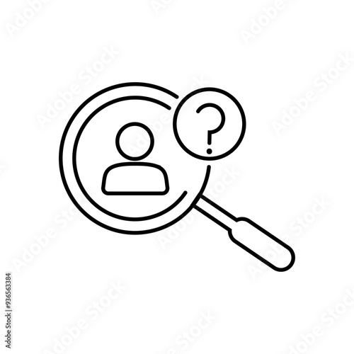 Magnifying glass examining user profile silhouette with question mark indicating identity search
