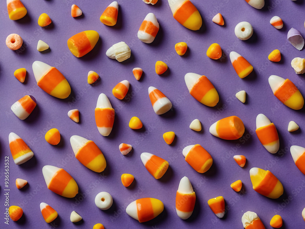 A fun, festive wallpaper with a repeating pattern of candy corn and wrapped Halloween candies, in bright orange, yellow A fun, festive wallpaper with a repeating pattern of candy corn and wrapped Halloween candies, in bright orange, yellow