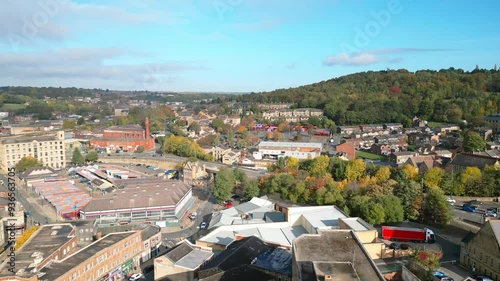 Aerial cinematic drone footage of the market town of Dewsbury, West Yorkshire. photo