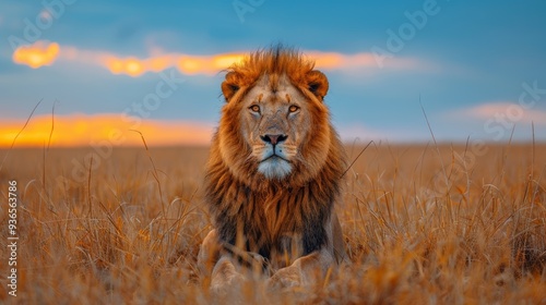 A majestic lion sits confidently in the golden grasslands during sunset, showcasing the vibrant colors of the sky and the serene beauty of the savanna landscape