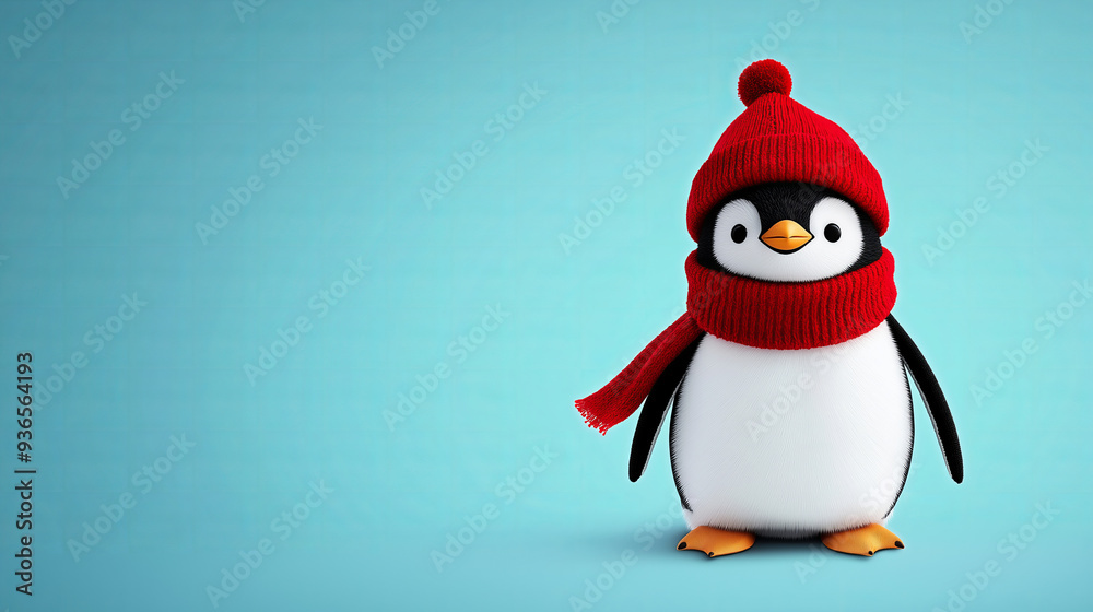 Obraz premium Cute cartoon penguin wearing a red hat and scarf on a blue background