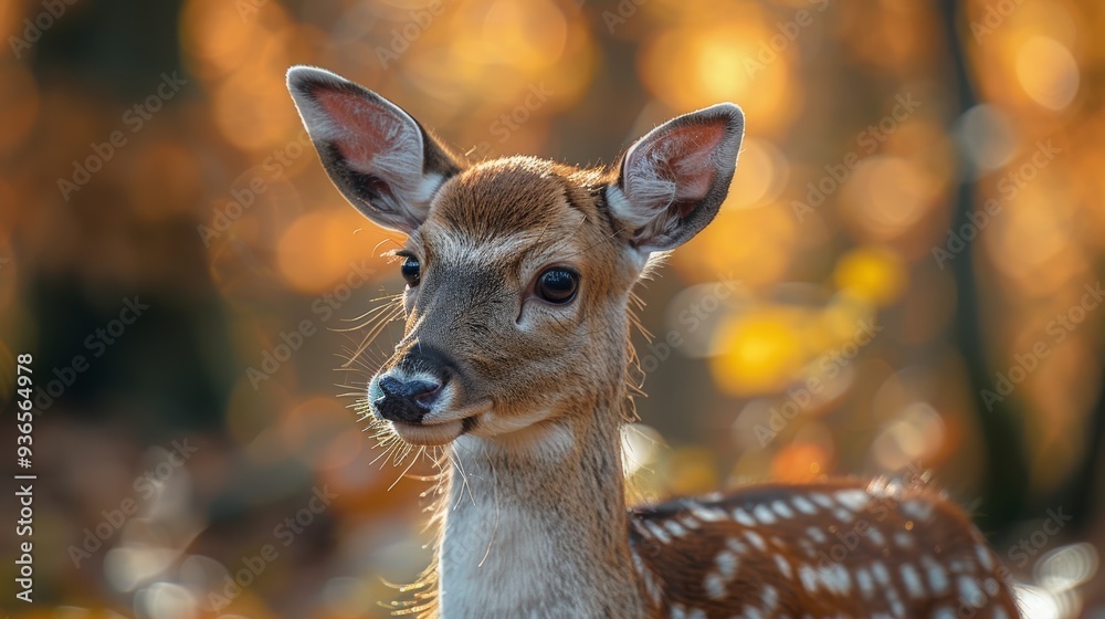 Young deer standing gracefully in a lush forest during autumn, showcasing its distinctive spots amidst colorful foliage
