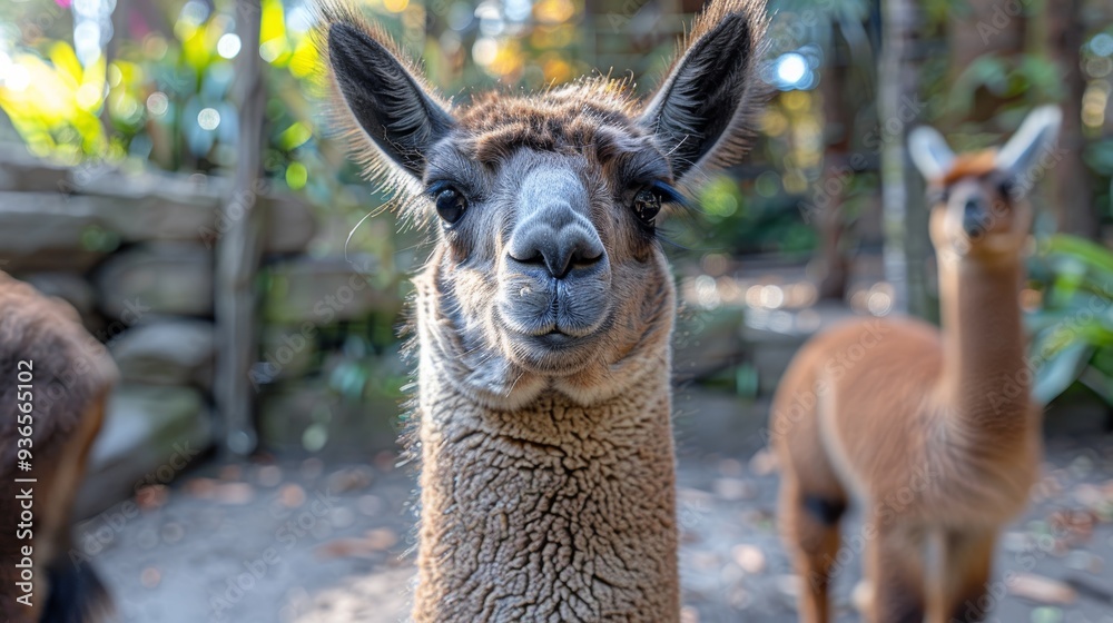 Obraz premium Close-up of a curious llama in a lush zoo environment with a second llama in the background enjoying the serene atmosphere during a sunny day