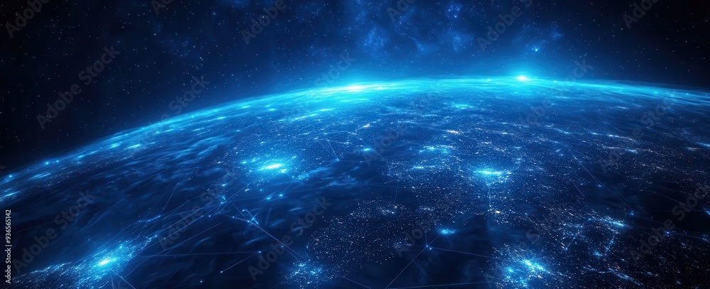 Earth's electronic landscape display with global networks and data flows in a web banner Earth's electronic landscape display with global networks and data flows in a web banner