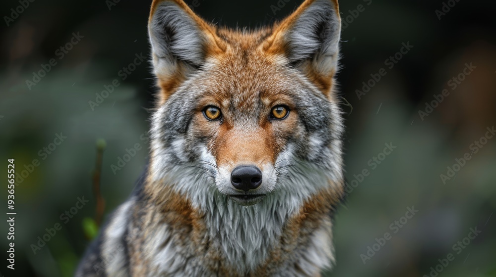 A close-up view of a coyote in a natural setting, showcasing its striking features and alert expression during a cloudy afternoon A close-up view of a coyote in a natural setting, showcasing its striking features and alert expression during a cloudy afternoon