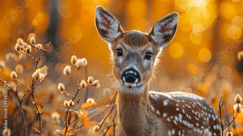 A young deer emerges amidst golden autumn foliage, showcasing its soft fur and unique markings in a serene woodland setting during fall