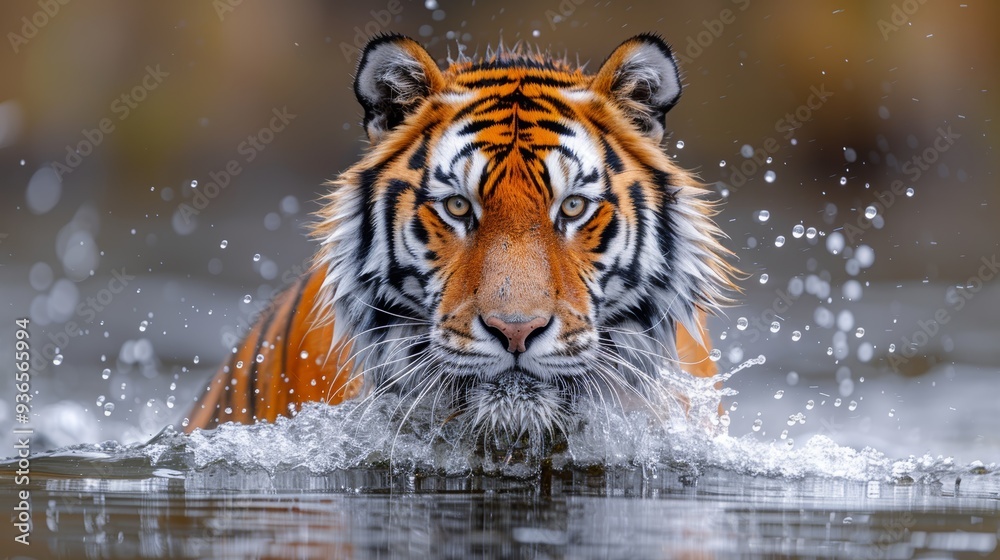 Naklejka premium A majestic tiger swims through a river, creating splashes in the water as it approaches the viewer in a lush, natural environment during daytime