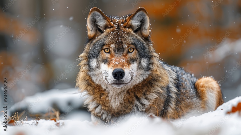 A majestic wolf gazes intently while resting in a snowy forest, surrounded by autumn-colored foliage on a cold winter day A majestic wolf gazes intently while resting in a snowy forest, surrounded by autumn-colored foliage on a cold winter day