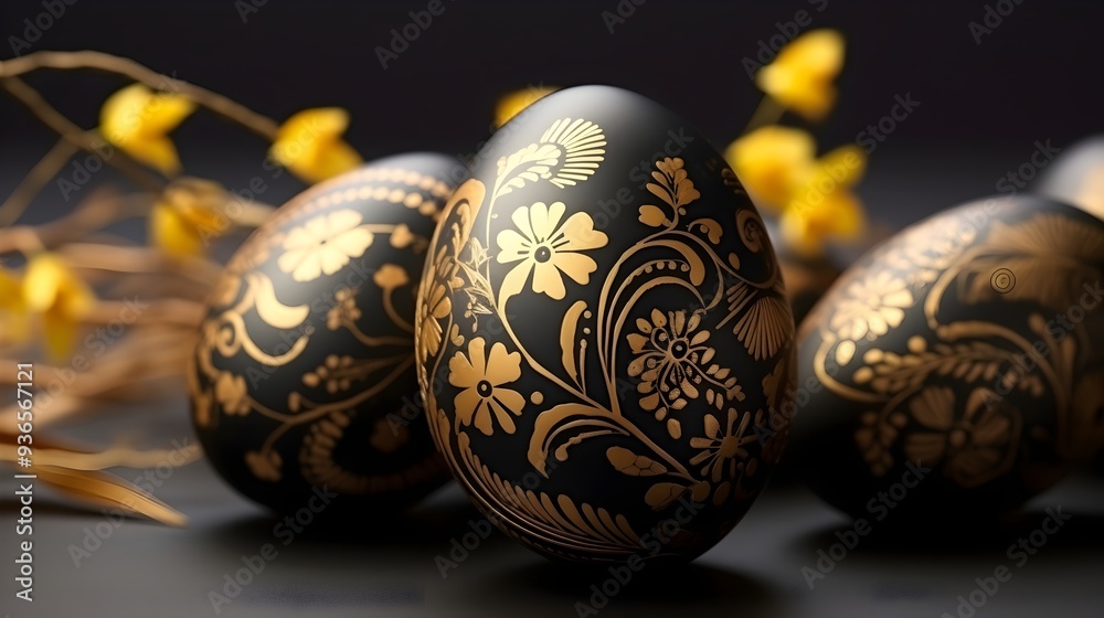 Decorative black Easter eggs with intricate golden patterns on dark background. Elegant and luxurious festive design. Decorative black Easter eggs with intricate golden patterns on dark background. Elegant and luxurious festive design.