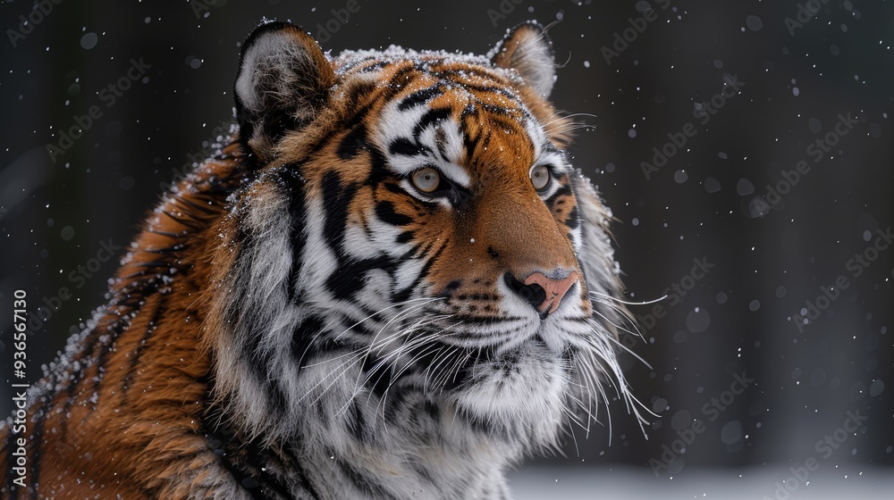 Obraz premium A majestic tiger with striking orange and black stripes gazes into the distance, surrounded by gently falling snow in a serene winter landscape