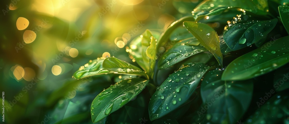 Close-up of vibrant green leaves with water droplets, backlit by a warm, golden light perfect for nature, wellness, and eco-friendly content, Close-up of vibrant green leaves with water droplets, backlit by a warm, golden light perfect for nature, wellness, and eco-friendly content,