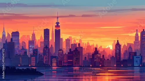 A vibrant city skyline at sunset with colorful hues reflecting off the buildings and water, ideal for backgrounds, travel advertisements, or motivational content, photo