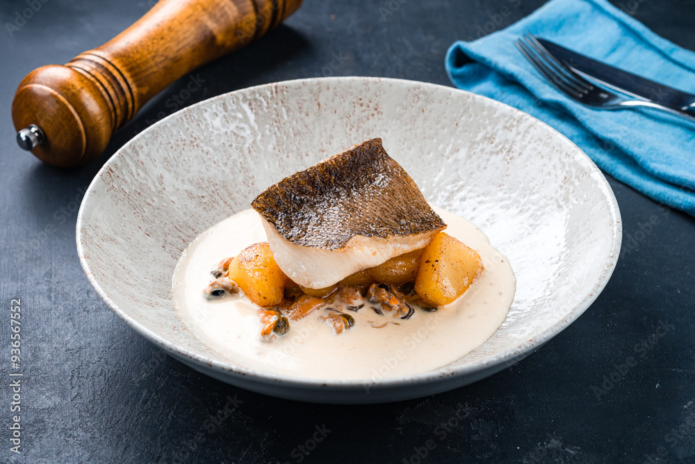 Dinner piece of perch fillet with potatoes, mussels and sauce.