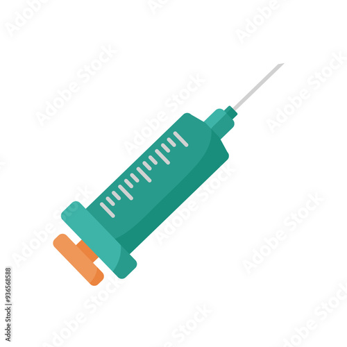 A teal medical syringe with an orange plunger lying flat on a white background