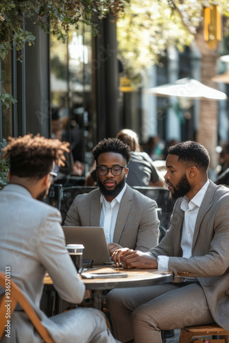 Stylish African American students collaborating at a sunny outdoor cafe in the afternoon