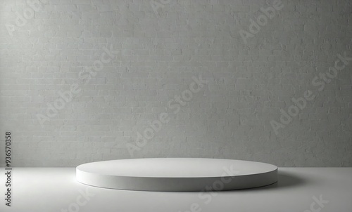 Minimalist white podium against gray brick wall background, product display, interior decor. Generative AI