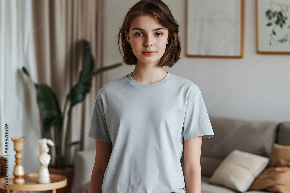 A young Caucasian girl with shoulder-length brown hair stands confidently in a bright living room, exuding a calm and serene demeanor. A young Caucasian girl with shoulder-length brown hair stands confidently in a bright living room, exuding a calm and serene demeanor.