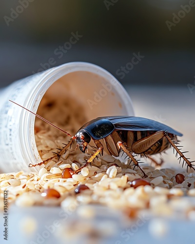 Cockroach near a spilled container of rice, with grains scattered  Food Hygiene, Kitchen Pest photo