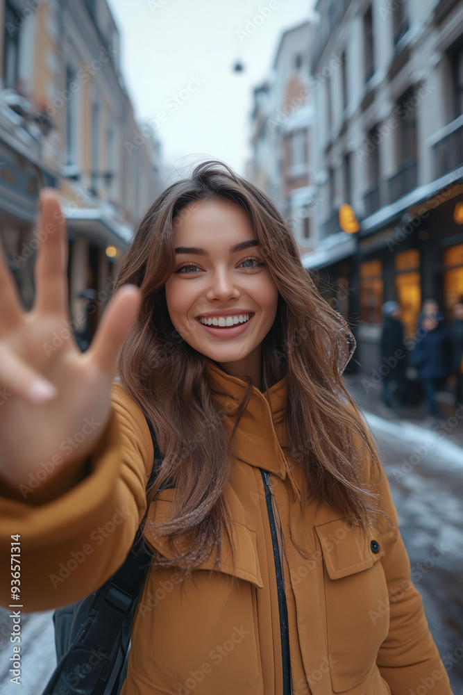 Fototapeta premium Cheerful woman blogger enjoys a winter stroll while taking a selfie in a lively city street, capturing the joy of the moment