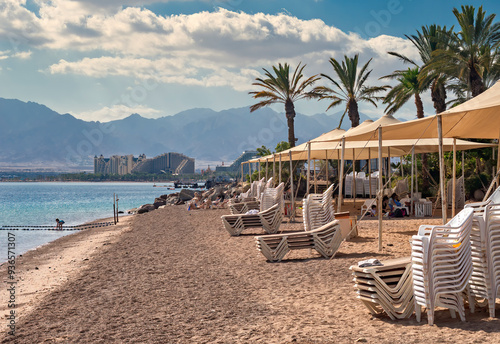 Bright day on sandy beach of Red Sea - famous and hot spot for many relaxing tourists from around all the world