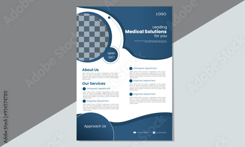Blue & White Medical Flyer for Hospitals Layout template, brochure background. Vector design. A4 size for poster, flyer or cover