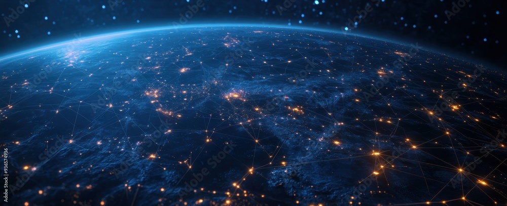 Obraz premium Online business visualization showcasing global grids crypto and IoT on a broad banner layout