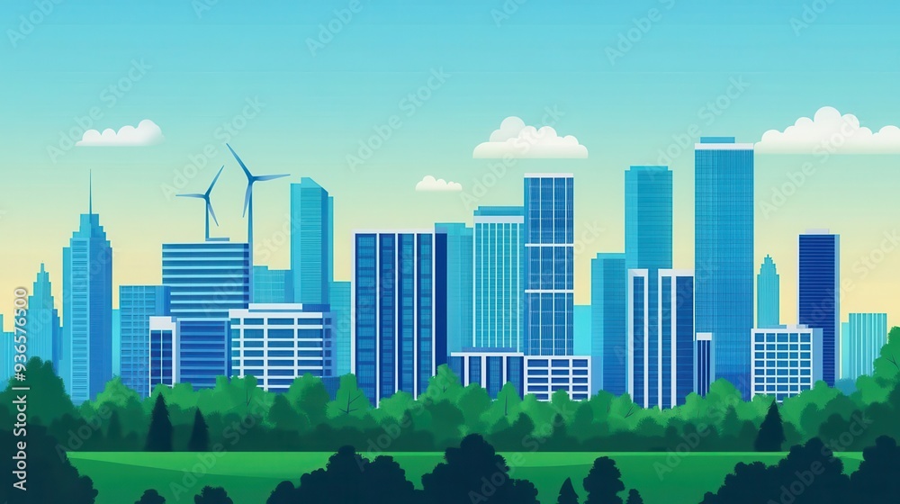 Naklejka premium A city powered by a combination of renewable sources, with smart grids managing energy distribution, urban development, sustainability, technological innovation