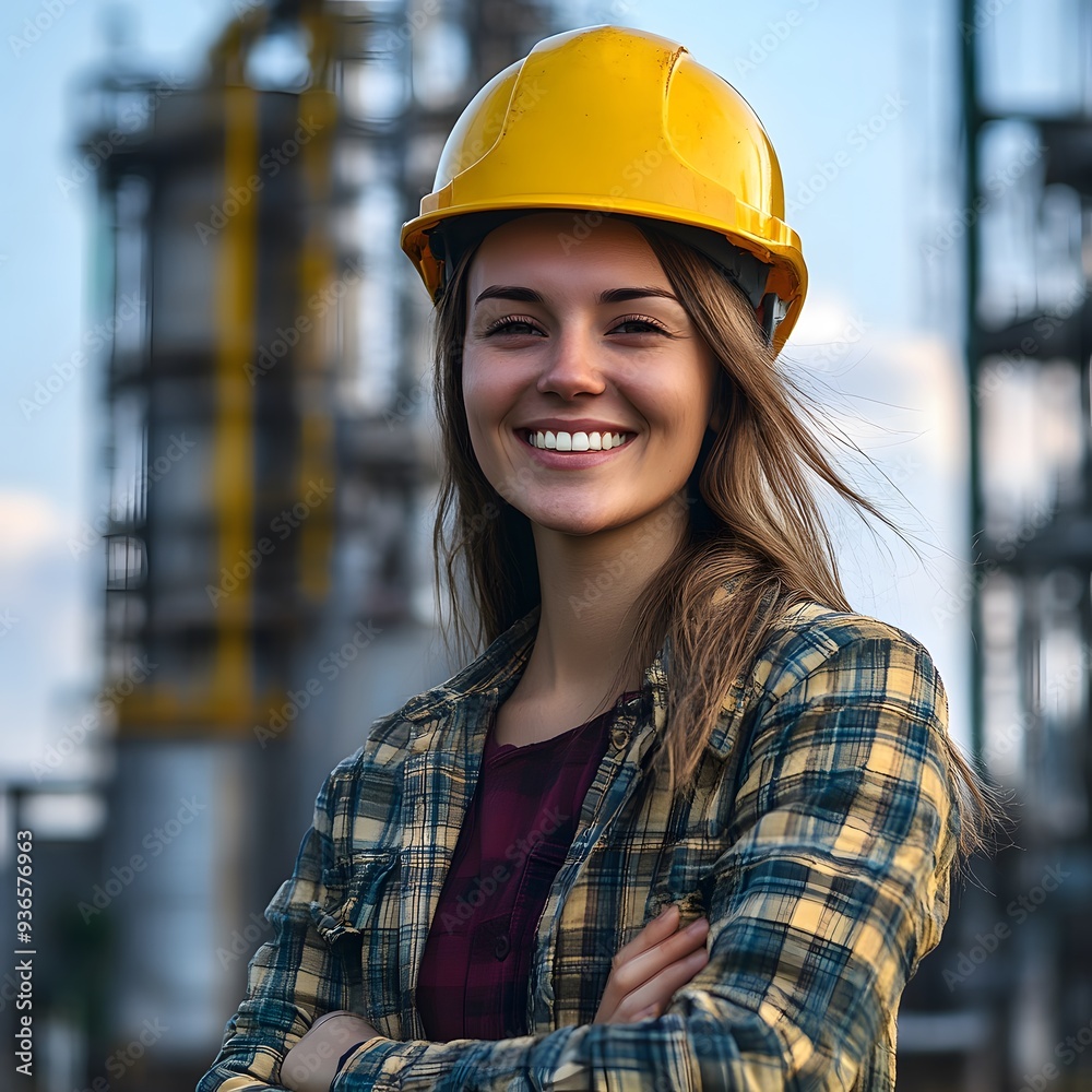 smiling female engineer on site wearing hard hat, Proud woman wearing hard hat and hi-vis vest smiling female engineer on site wearing hard hat, Proud woman wearing hard hat and hi-vis vest