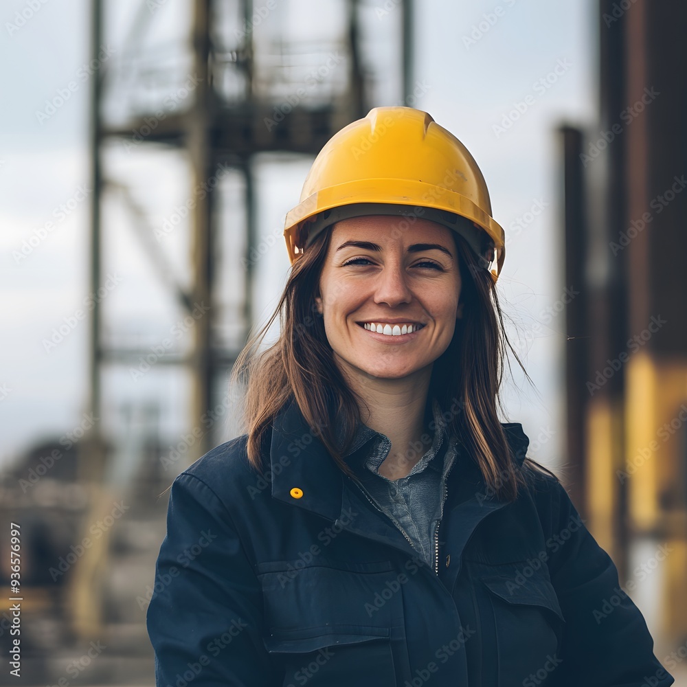 smiling female engineer on site wearing hard hat, Proud woman wearing hard hat and hi-vis vest smiling female engineer on site wearing hard hat, Proud woman wearing hard hat and hi-vis vest