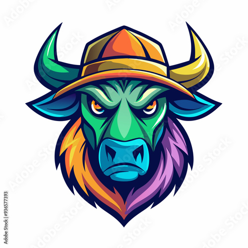 Trendy Hat Creative and Modern Logo Design. Colorful Bull Head Mascot Logo with White Background.