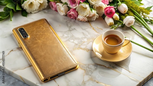 Luxurious golden smartphone on marble table, surrounded by elegant coffee, flowers, and a leather-bound journal, evoking sophistication and refinement in a modern social setting. photo