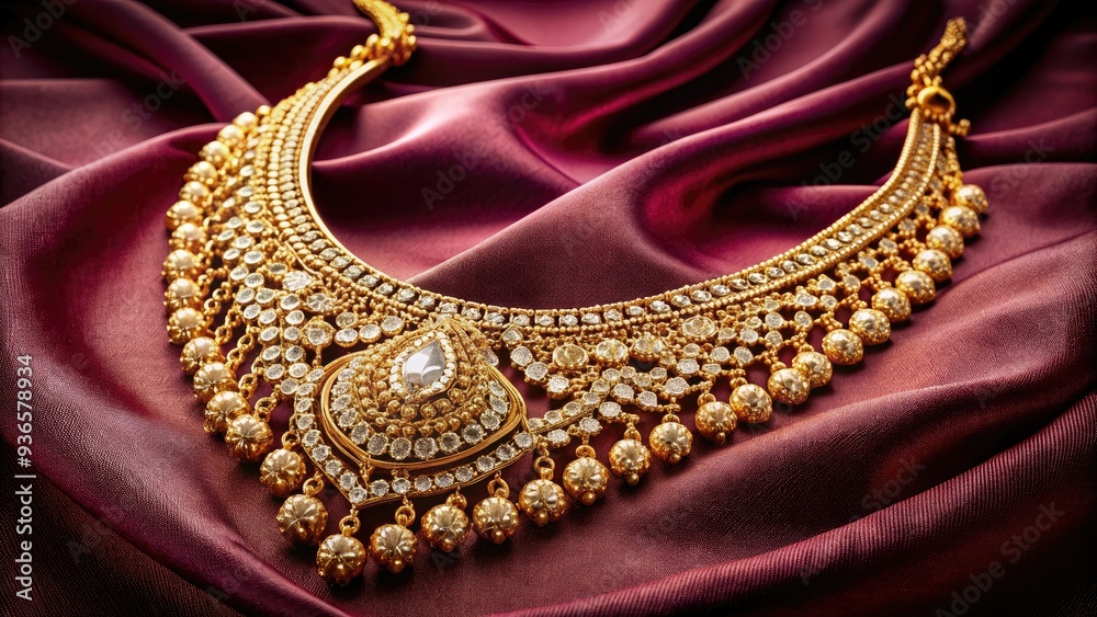 Fototapeta premium Luxurious gold necklace with intricate design and sparkling diamond accents against a soft, velvet background, evoking opulence and sophistication.